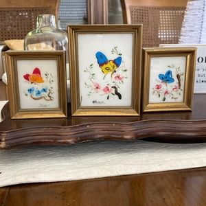 3 hand painted porcelain butterfly paintings from Spain in gold frame.